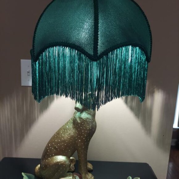 Gold Tone Leopard Green Art Deco Fringe Shade Table Lamp NEW - Picture 9 of 9